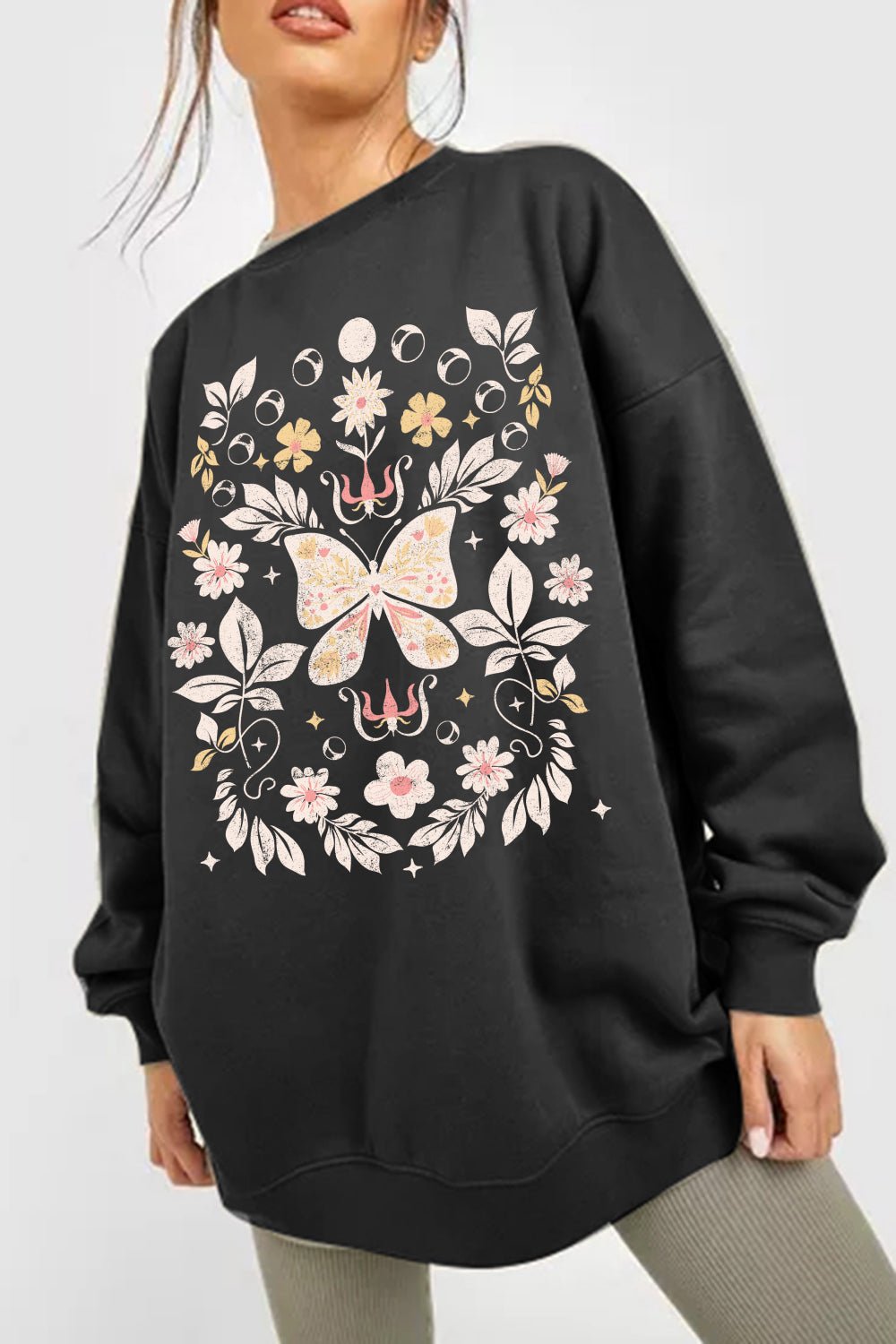Flower and Butterfly Graphic Sweatshirt - Tangerine Goddess
