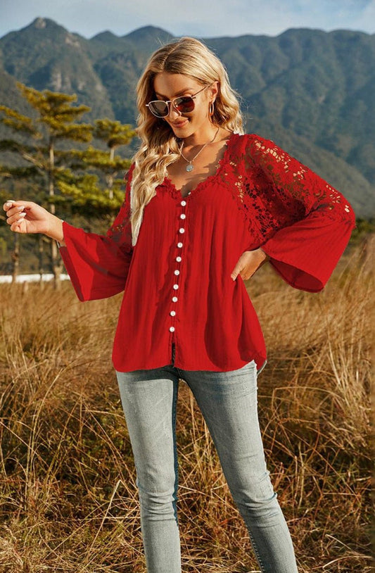 Lace Buttoned Blouse - Tangerine Goddess