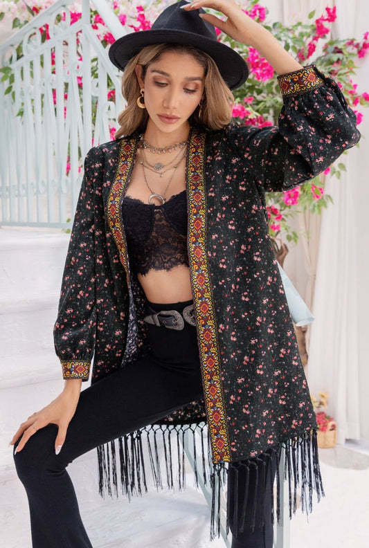 Printed Fringe Detail Cardigan - Tangerine Goddess