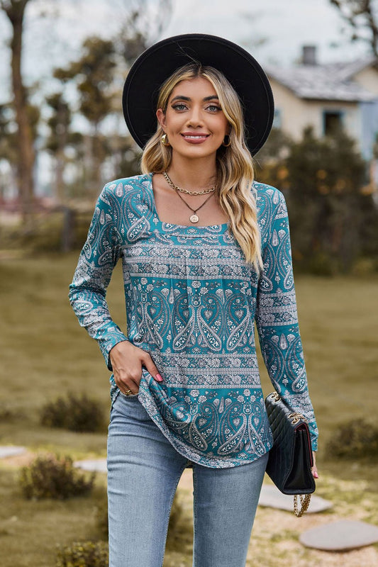 Printed Square Neck Blouse - Tangerine Goddess