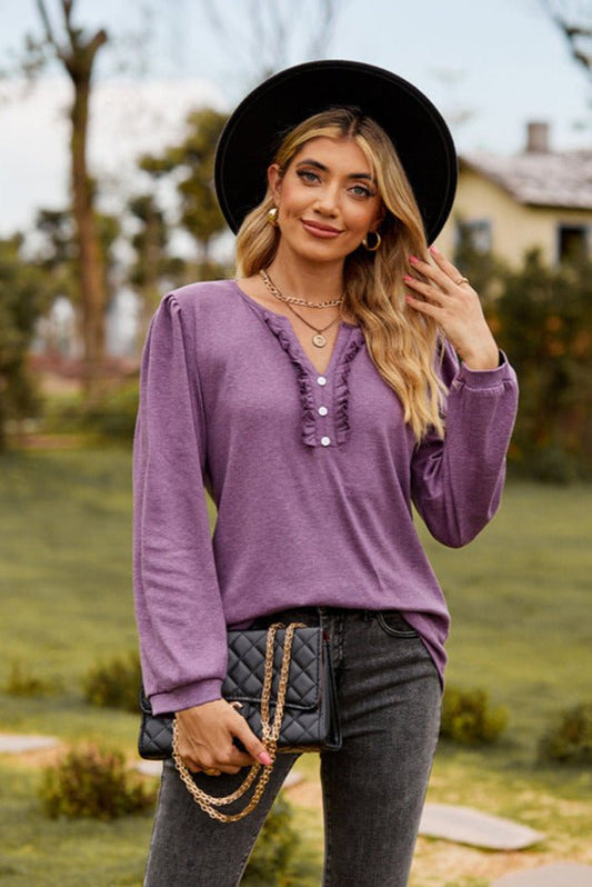 Puff Sleeve Ruffle Trim Blouse - Tangerine Goddess