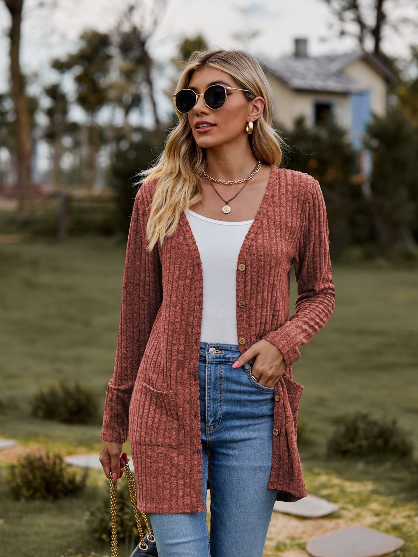 Ribbed Button-UP Cardigan with Pockets - Tangerine Goddess