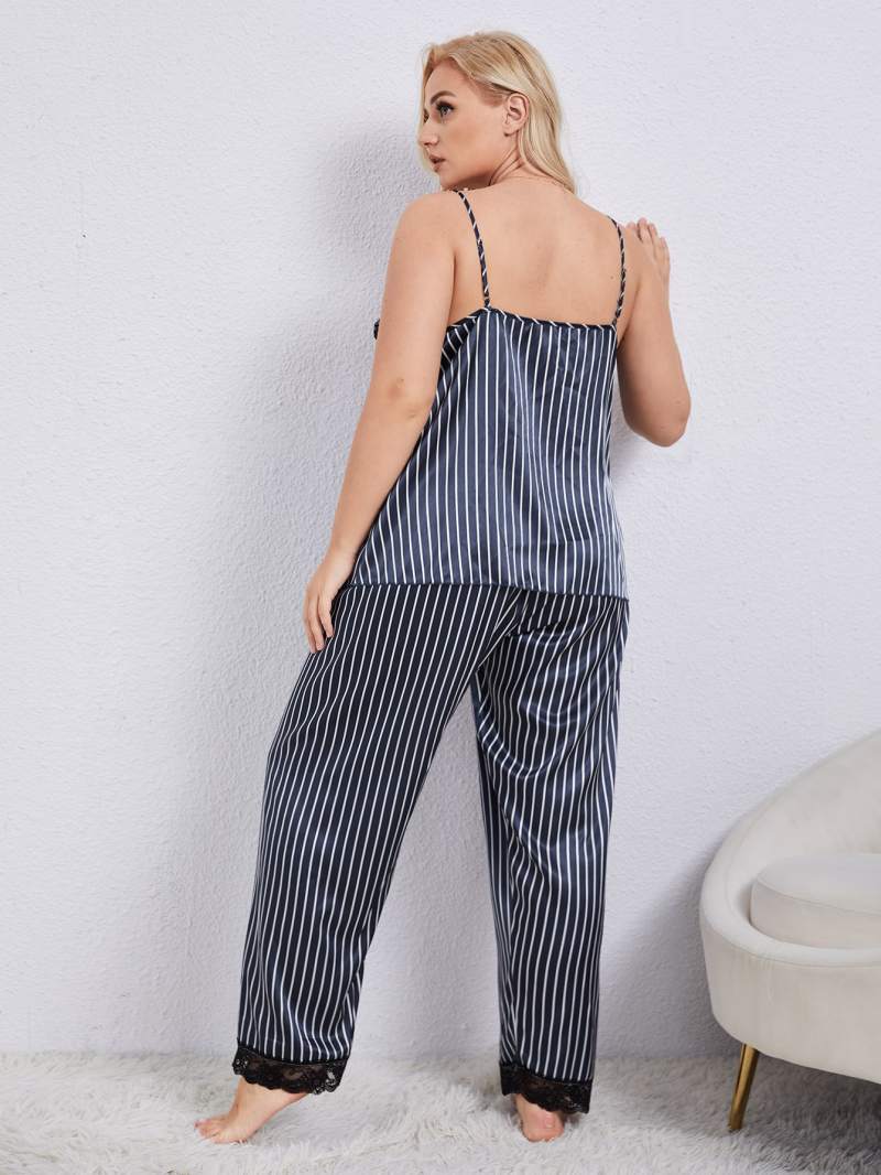 Stripe Lace Trim Cami and Pants Pajama Set - Tangerine Goddess