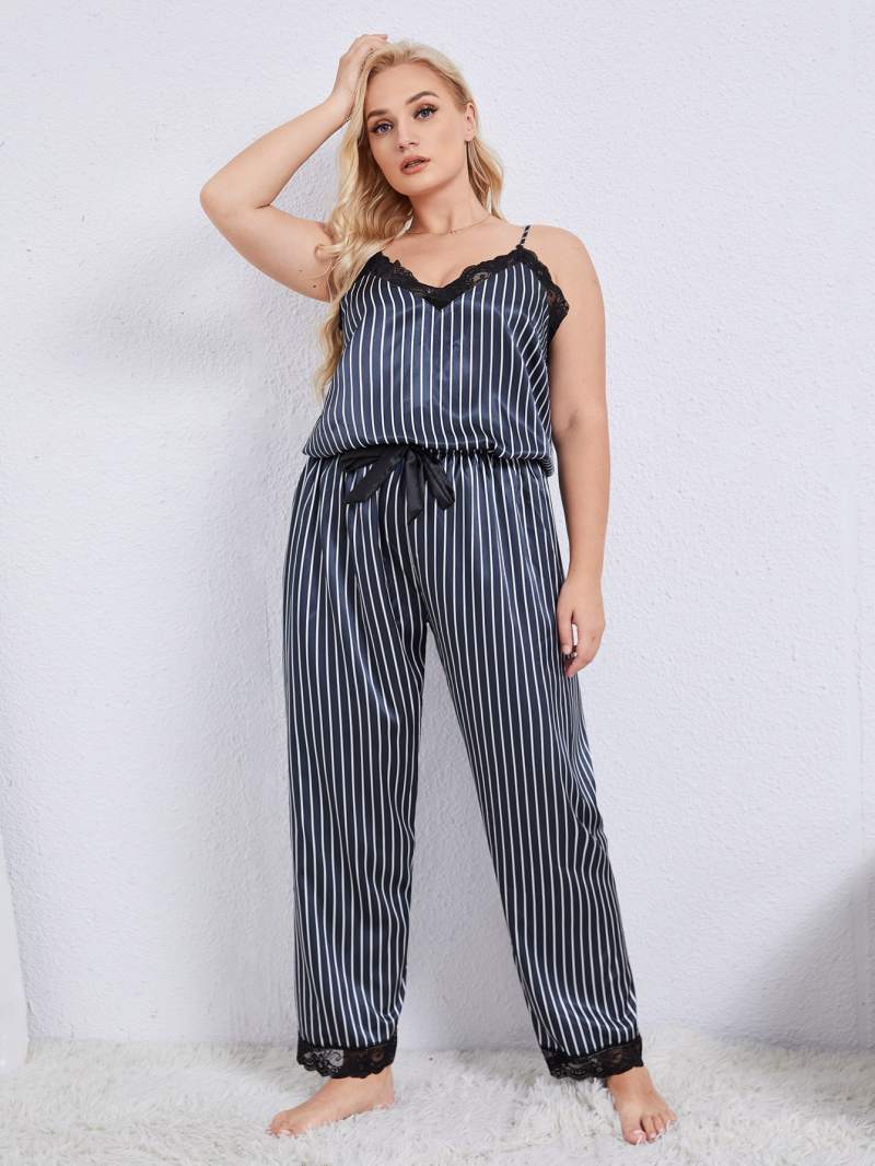 Stripe Lace Trim Cami and Pants Pajama Set - Tangerine Goddess